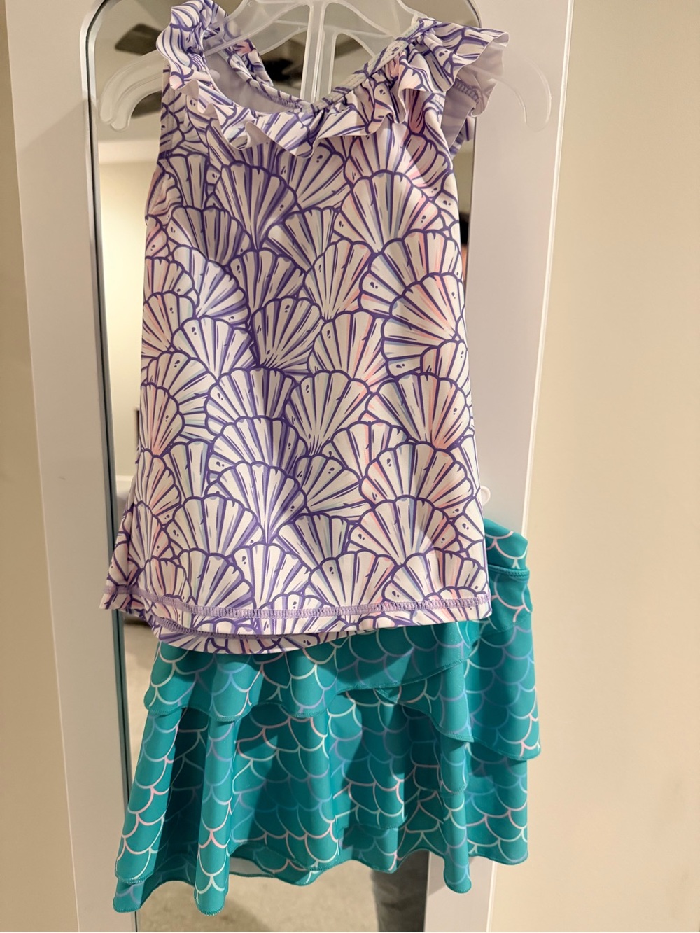 Girls Purple Shell Print Tank Top and Teal Mermaid skort Set active wear